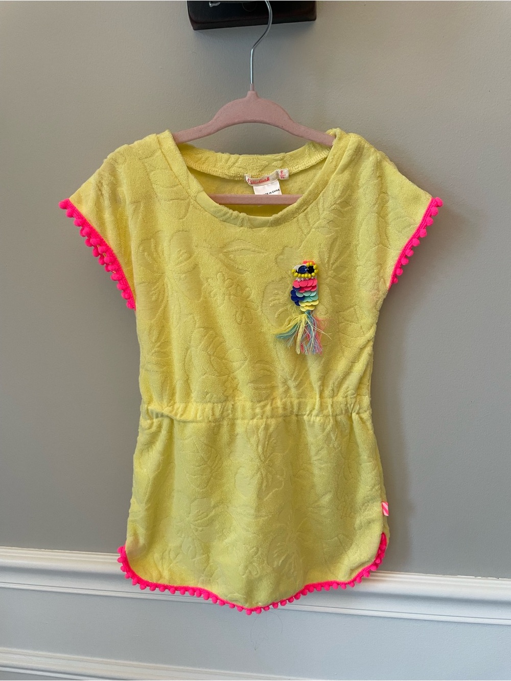 Billieblush Yellow Swim Coverup with Hot Pink Trim and Beaded Parrot Detail
